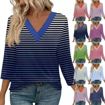 Женские рубашки с рукавом 3/4, топы с принтом и V-образным вырезом, повседневные топы, базовые футболки, блузки, свободные топы L синий