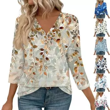 Женские рубашки с рукавом 3/4, топы с принтом и V-образным вырезом, повседневные топы, базовые футболки, блузки, свободные топы L синий