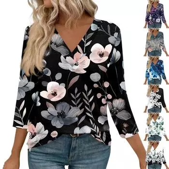 Женские рубашки с рукавом 3/4, топы с принтом и V-образным вырезом, повседневные топы, базовые футболки, блузки, свободные топы L чёрный