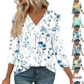 Женские рубашки с рукавом 3/4, топы с принтом и V-образным вырезом, повседневные топы, базовые футболки, блузки, свободные топы L синий