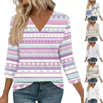 Женские рубашки с рукавом 3/4, топы с принтом и V-образным вырезом, повседневные топы, базовые футболки, блузки, свободные топы L коричневый