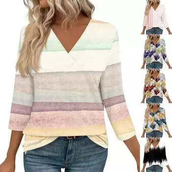 Женские рубашки с рукавом 3/4, топы с принтом и V-образным вырезом, повседневные топы, базовые футболки, блузки, свободные топы L бежевый