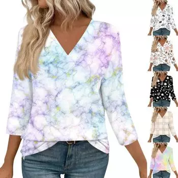 Женские рубашки с рукавом 3/4, топы с принтом и V-образным вырезом, повседневные топы, базовые футболки, блузки, свободные топы L бежевый