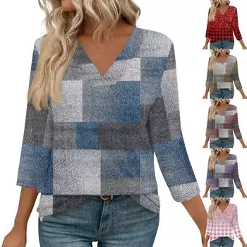 Женские рубашки с рукавом 3/4, топы с принтом и V-образным вырезом, повседневные топы, базовые футболки, блузки, свободные топы L синий