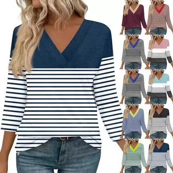 Женские рубашки с рукавом 3/4, топы с принтом и V-образным вырезом, повседневные топы, базовые футболки, блузки, свободные топы L чёрный