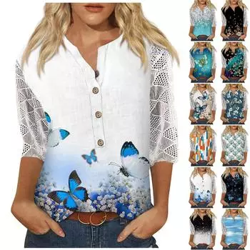 Женские рубашки с v-образным вырезом и рукавами 3/4, кружевная повседневная блузка с принтом, свободные рабочие туники, топы XL чёрный