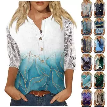 Женские рубашки с v-образным вырезом и рукавами 3/4, кружевная повседневная блузка с принтом, свободные рабочие туники, топы XXL зелёный
