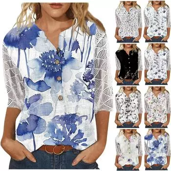 Женские рубашки с v-образным вырезом и рукавами 3/4, кружевная повседневная блузка с принтом, свободные рабочие туники, топы XXL чёрный