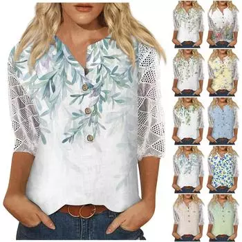 Женские рубашки с v-образным вырезом и рукавами 3/4, кружевная повседневная блузка с принтом, свободные рабочие туники, топы L синий