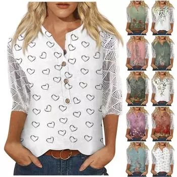 Женские рубашки с v-образным вырезом и рукавами 3/4, кружевная повседневная блузка с принтом, свободные рабочие туники, топы L