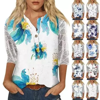 Женские рубашки с v-образным вырезом и рукавами 3/4, кружевная повседневная блузка с принтом, свободные рабочие туники, топы S