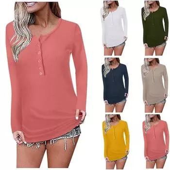 Женские рубашки с V-образным вырезом и длинными рукавами, однотонные базовые топы на пуговицах, футболки L
