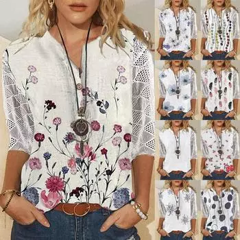 Женские рубашки с v-образным вырезом и рукавами 3/4, кружевная повседневная блузка с принтом, свободные рабочие туники, топы XXXXL хаки