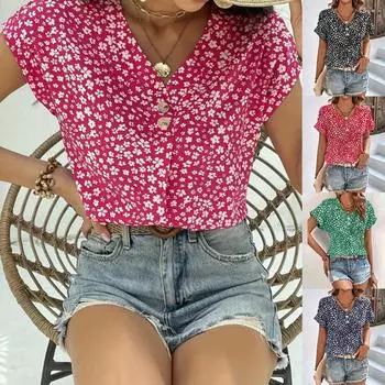 Женские рубашки с v-образным вырезом и пуговицами с цветочным принтом, повседневная блузка, женские топы с короткими рукавами, футболка S чёрный