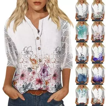 Женские рубашки с v-образным вырезом и рукавами 3/4, кружевная повседневная блузка с принтом, свободные рабочие туники, топы XL