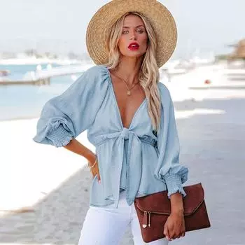 Женские рубашки с V-образным вырезом на осень и зиму Женские повседневные универсальные топы из выстиранного денима S синий