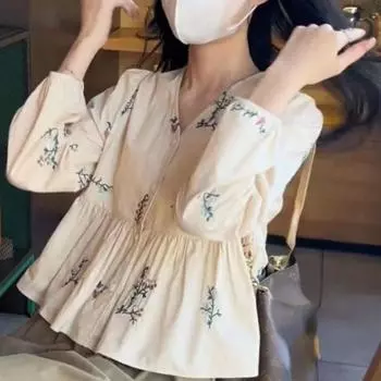 Женские рубашки с вышивкой и складками, уютные и милые винтажные топы во французском стиле, темпераментные топы с цветами, универсальные простые женские весенние рубашки S абрикосовый