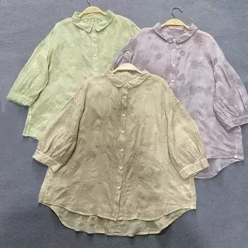 Женские рубашки с вышивкой Johnature, летние винтажные свободные женские блузки с отложным воротником нерегулярной формы