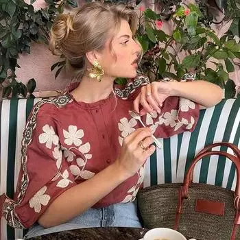 Женские рубашки с вышивкой, с половиной рукавом и круглым вырезом, однобортный женский топ, модный элегантный принт, повседневная свободная женская блузка XS красный