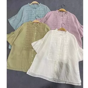 Женские рубашки с вышивкой в стиле пэчворк Johnature, летние винтажные свободные блузки с рукавами-бабочками и оборками One Size