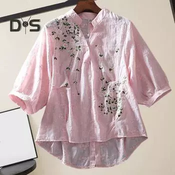 Женские рубашки с вышивкой в стиле ретро и цветочным узором, топы с воротником-стойкой, v-образным вырезом, пуговицами, полупланка, свободные топы с рукавами 3/4 L белый