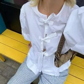 Женские рубашки, сексуальная винтажная элегантная блузка с леопардовым принтом, пышными рукавами, женские топы, рубашка на шнуровке для девочек, женская одежда L белый