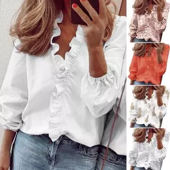 Женские рубашки-топы с v-образным вырезом и длинными рукавами, повседневная рубашка, однотонные пуловеры с рюшами и отделкой L