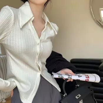 Женские рубашки в белую полоску с острым воротником, модные приталенные, с V-образным вырезом, женская внутренняя рубашка, осенний простой удобный женский топ M