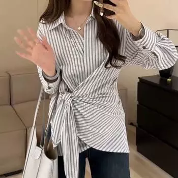 Женские рубашки в синюю полоску с заниженной талией, женские блузки с нерегулярно завязанным разрезом, женская шикарная рубашка с отложным воротником S синий