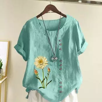 Женские рубашки в стиле ретро с цветочным принтом, круглым вырезом, пуговицами, декором, подол, универсальные XL кофейный