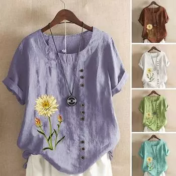 Женские рубашки в стиле ретро с цветочным принтом, круглый вырез, пуговицы, декор, дуга подол XL кофейный