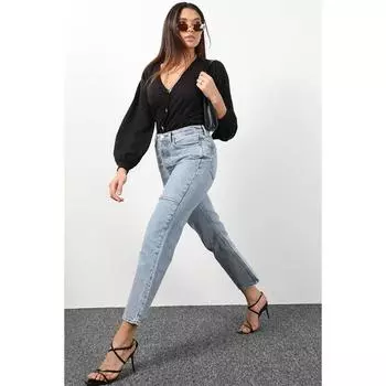 Женские рваные джинсовые брюки с высокой талией и деталями голубого цвета