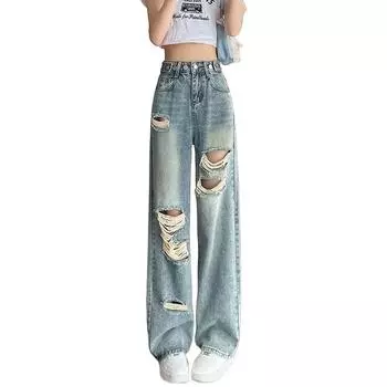 Женские рваные джинсы-бойфренды, свободные джинсы с высокой талией, потертые уличные винтажные джинсы S светло-синий