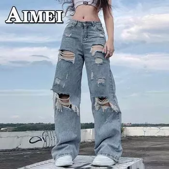 Женские рваные джинсы High Street, винтажные мешковатые джинсы, прямые брюки, узкие повседневные ковбойские джинсовые брюки для женщин, уличная одежда Y2K, широкие джинсы для девочек L синий