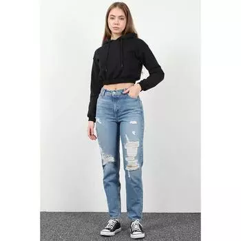 Женские рваные джинсы прямого кроя с высокой талией и деталями синего цвета