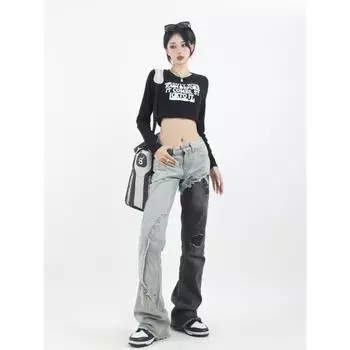 Женские рваные джинсы с цветными блоками и контрастными лоскутными принтами, джинсовые брюки 2023, модная уличная одежда в стиле Харадзюку y2k, летняя женская ткань с высокой талией S