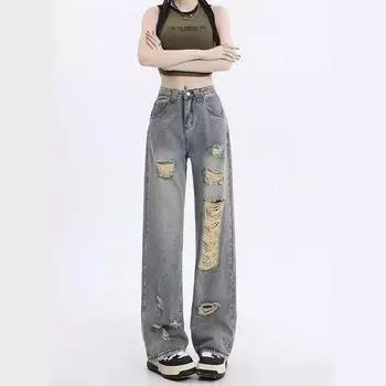 Женские рваные джинсы с высокой талией и широкими штанинами 2024 года — узкие, свободные, прямого кроя 2XL
