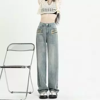 Женские рваные джинсы с высокой талией в стиле ретро - Весенние узкие прямые широкие брюки XXL светло-синий