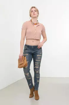 Женские рваные джинсы скинни с заниженной талией и деталями синего цвета