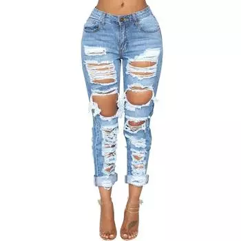 Женские рваные джинсы. Уличная мода. Индивидуальные повседневные джинсы. Женские брюки. S синий