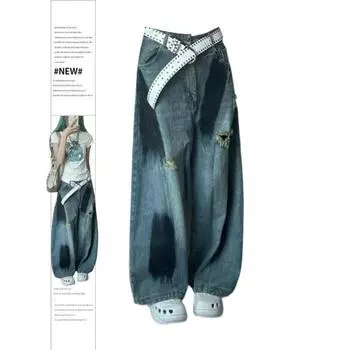 Женские рваные джинсы Y2k, джинсовые брюки в стиле Харадзюку, джинсовые брюки большого размера Y2k, винтажная эстетичная японская одежда в стиле 2000-х годов, дрянная одежда S синий