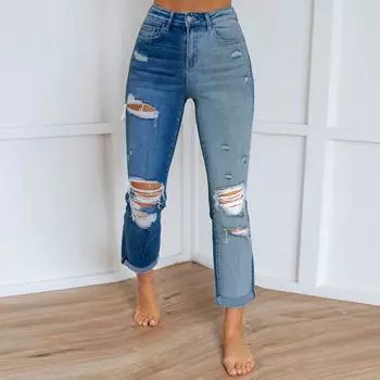 Женские рваные джинсы Женские стираные градиентные прямые брюки L синий