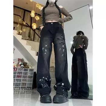 Женские рваные свободные джинсы с высокой талией со звездами, новинка 2024 года, модные винтажные прямые черные брюки, джинсовые уличные брюки с широкими штанинами полной длины S чёрный