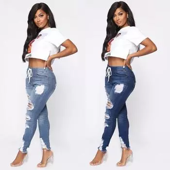 Женские рваные узкие джинсы со шнуровкой и эластичным поясом средней длины S темно-синий