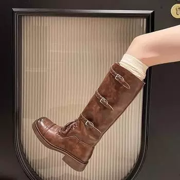 Женские рыцарские сапоги 2024 года, новые длинные сапоги на платформе в стиле ретро, модные и удобные осенние кожаные сапоги для женщин, Zapatos De Mujer 35 чёрный