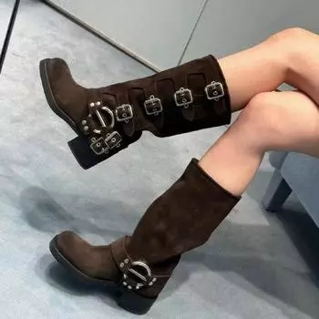 Женские рыцарские сапоги до колена на толстом каблуке из натуральной кожи ручной работы, в западном ретро-панк стиле, коричневые мотоциклетные сапоги 35