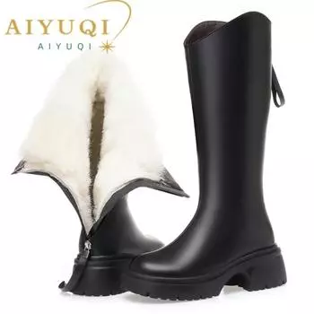Женские рыцарские сапоги из натуральной кожи, зимние теплые ковбойские сапоги из натуральной шерсти в западном стиле, женские высокие сапоги большого размера 35