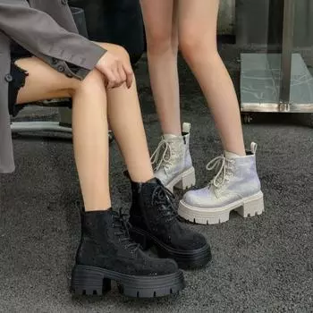 Женские рыцарские сапоги на толстом каблуке с отделкой из ромбов, осень/зима 2024 г., новые британские ветрозащитные ботинки Martin с подошвой Muffin Bottom со шнуровкой, оптовая продажа 35 чёрный