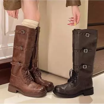Женские рыцарские сапоги Новые ретро туфли на длинной платформе Модные зимние кожаные сапоги до колена Женские Zapatos De Mujer коричневые 35