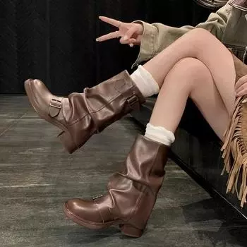 Женские рыцарские сапоги с плиссированной пряжкой, осенние коричневые сапоги из искусственной кожи до середины голени, женские сапоги для верховой езды на толстом каблуке без застежек 2024 г. 35 коричневый